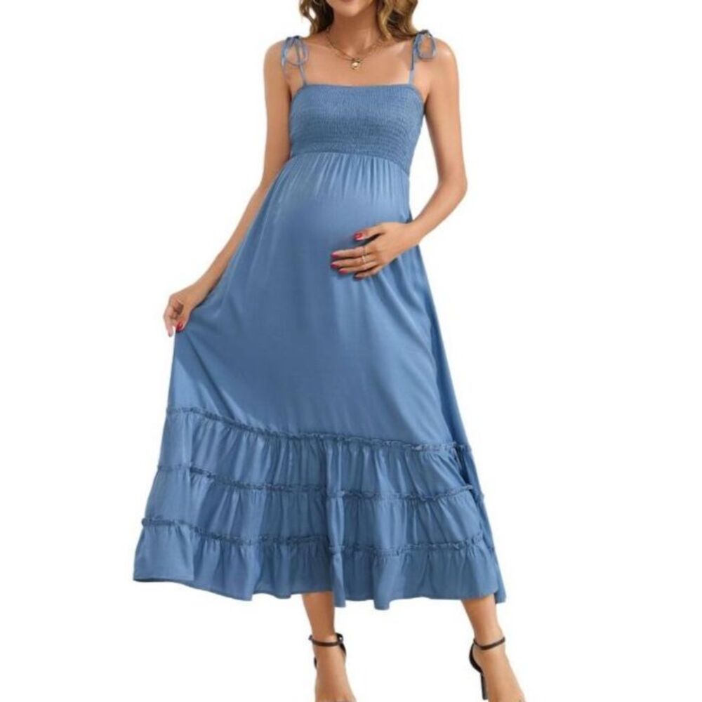 Women’s Maternity Smocked Tiered Maxi Dress Blue Size M NWT